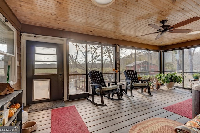 sunroom featuring ceiling fan and wood ceiling