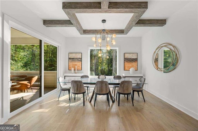 dining area featuring coffered ceiling, hardwood / wood-style flooring, beam ceiling, and an inviting chandelier