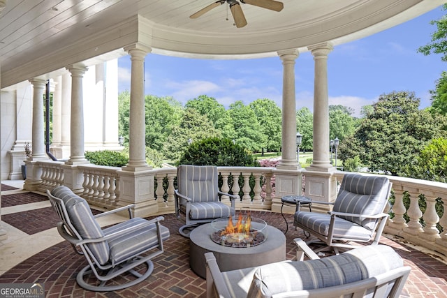5200 Moore Rd, Suwanee, GA 30024 - view of patio with a ceiling fan, a porch, and a fire pit