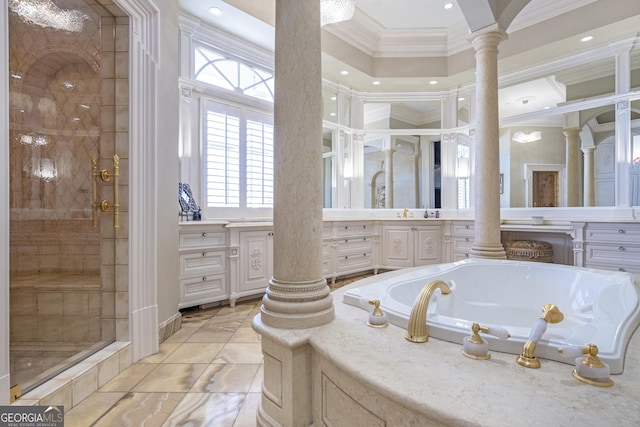 5200 Moore Rd, Suwanee, GA 30024 - bathroom featuring crown molding, ornate columns, a stall shower, plenty of natural light, and a towering ceiling