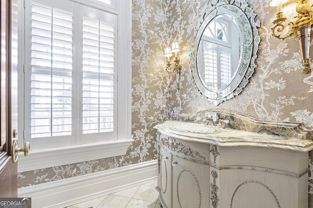 5200 Moore Rd, Suwanee, GA 30024 - bathroom with wallpapered walls and vanity