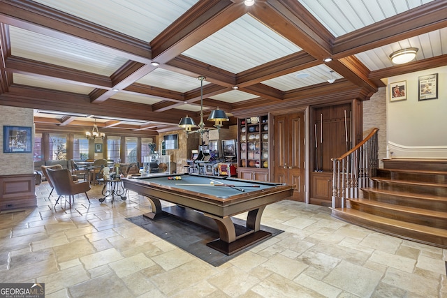 5200 Moore Rd, Suwanee, GA 30024 - playroom with coffered ceiling, a chandelier, beamed ceiling, stone tile flooring, and billiards table