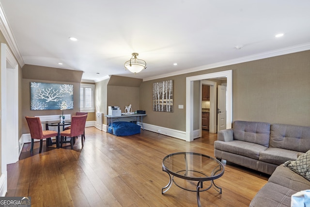 5200 Moore Rd, Suwanee, GA 30024 - living room featuring hardwood / wood-style flooring, ornamental molding, baseboards, and recessed lighting
