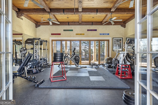 5200 Moore Rd, Suwanee, GA 30024 - exercise room with a ceiling fan, wooden ceiling, beamed ceiling, and french doors