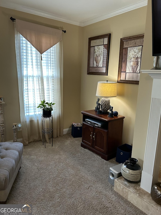 living area with light colored carpet and ornamental molding