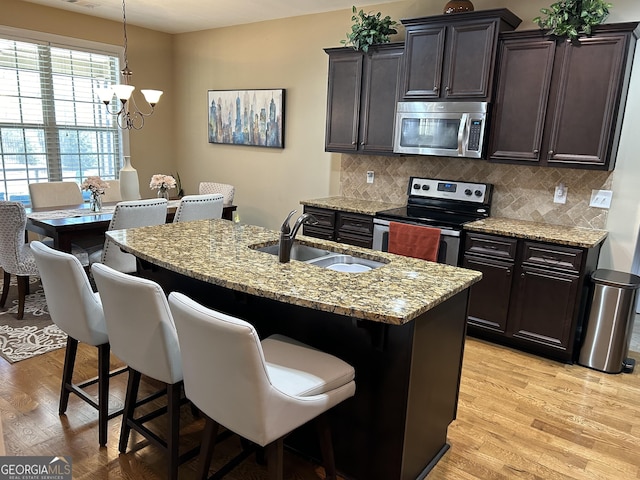 kitchen featuring tasteful backsplash, sink, an island with sink, and appliances with stainless steel finishes