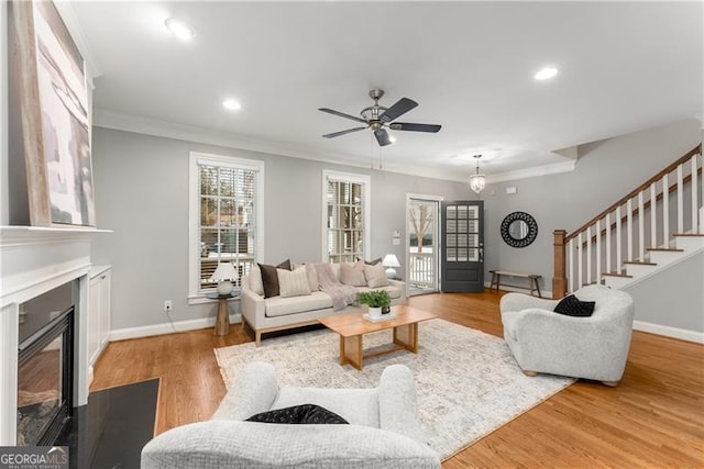 living room with light wood-type flooring, ceiling fan, and ornamental molding