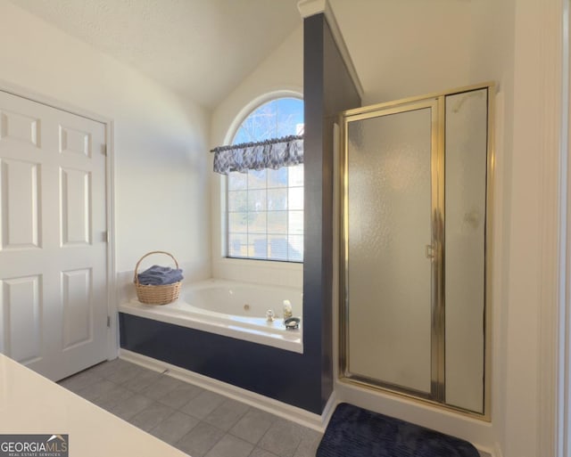 bathroom with plus walk in shower, a textured ceiling, and lofted ceiling