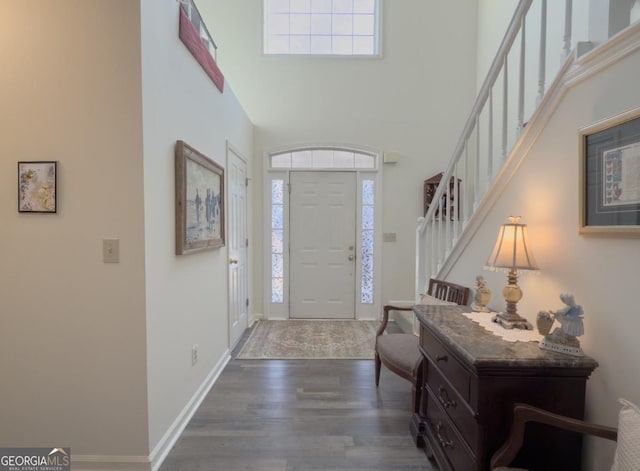 foyer featuring a high ceiling, dark hardwood / wood-style flooring, and a healthy amount of sunlight