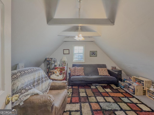 living room featuring lofted ceiling with beams