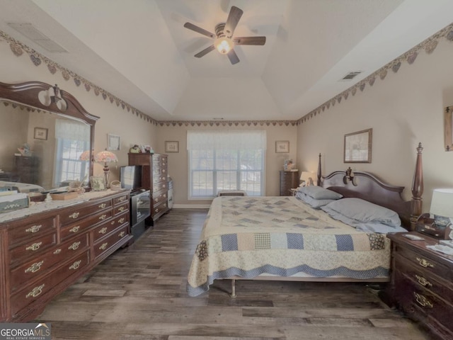 bedroom featuring ceiling fan, multiple windows, a tray ceiling, and dark hardwood / wood-style flooring