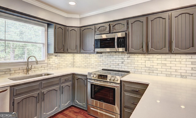 kitchen with dark wood-type flooring, sink, crown molding, stainless steel appliances, and decorative backsplash