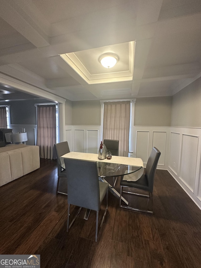 dining area featuring coffered ceiling, beam ceiling, and dark wood-type flooring