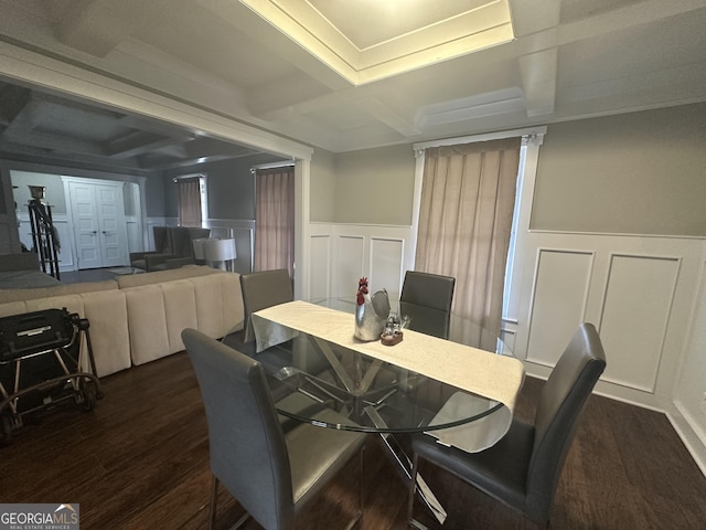 dining space featuring coffered ceiling, dark hardwood / wood-style floors, and beamed ceiling