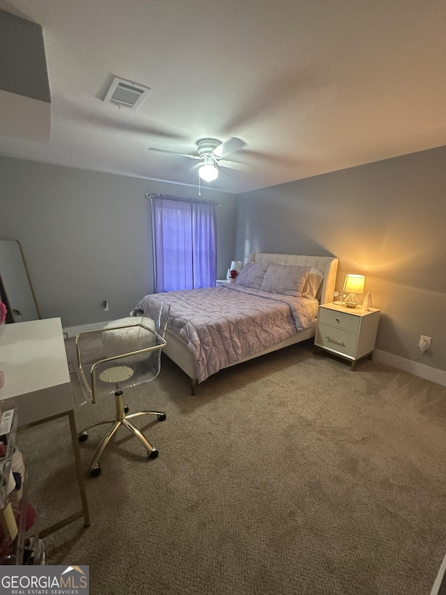 bedroom featuring ceiling fan and carpet floors