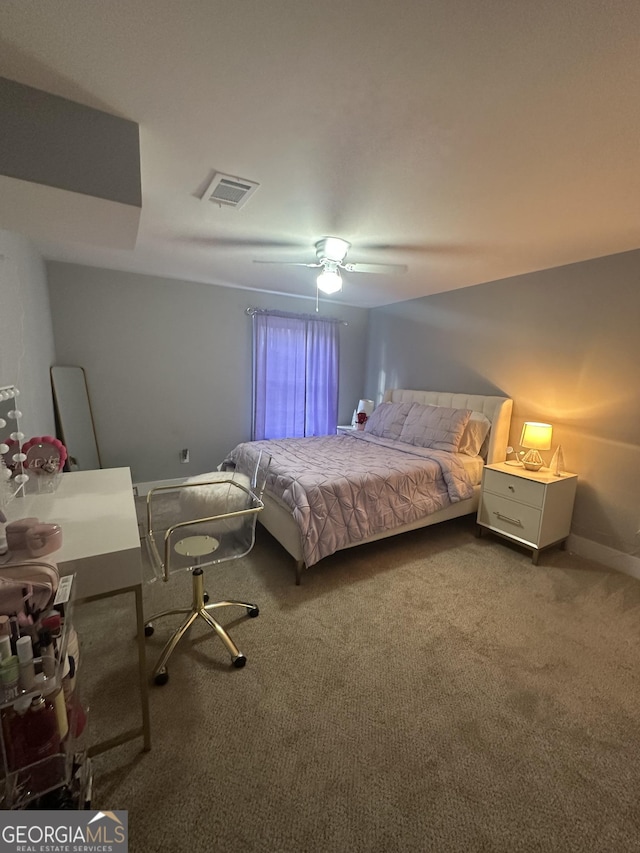 carpeted bedroom featuring ceiling fan