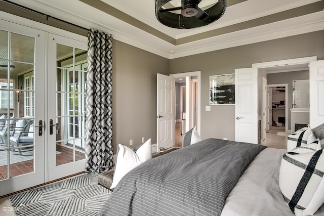 bedroom with ceiling fan, access to exterior, crown molding, and french doors