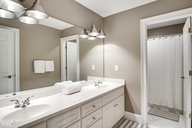 bathroom with vanity, tile patterned floors, and a shower with curtain