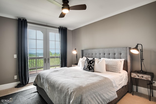 bedroom with light carpet, ceiling fan, french doors, access to outside, and ornamental molding