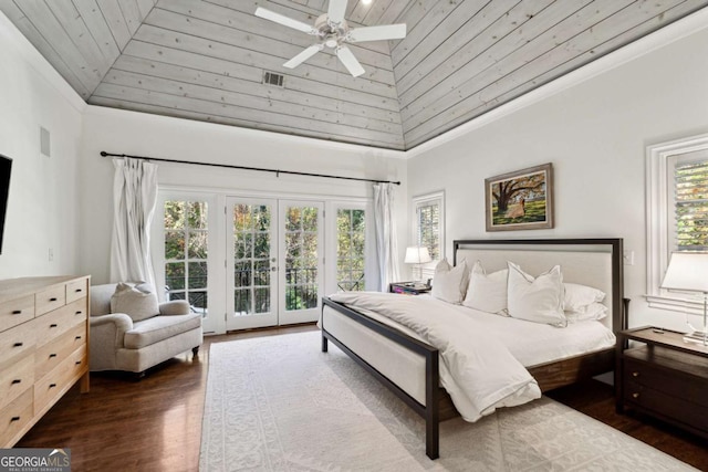 bedroom featuring dark wood-type flooring, high vaulted ceiling, wooden ceiling, access to outside, and ceiling fan