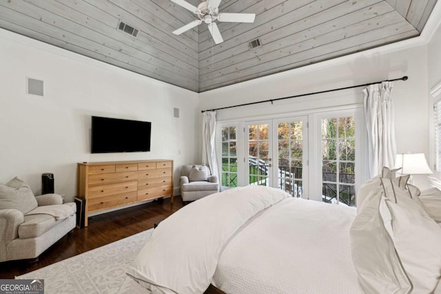 bedroom featuring french doors, wooden ceiling, dark hardwood / wood-style flooring, ceiling fan, and access to exterior