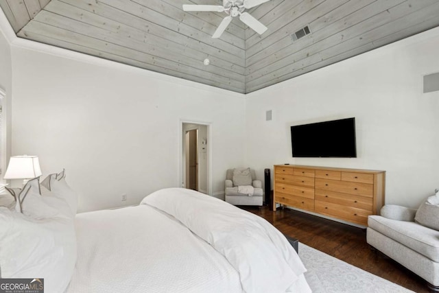 bedroom featuring dark wood-type flooring, high vaulted ceiling, wooden ceiling, and ceiling fan