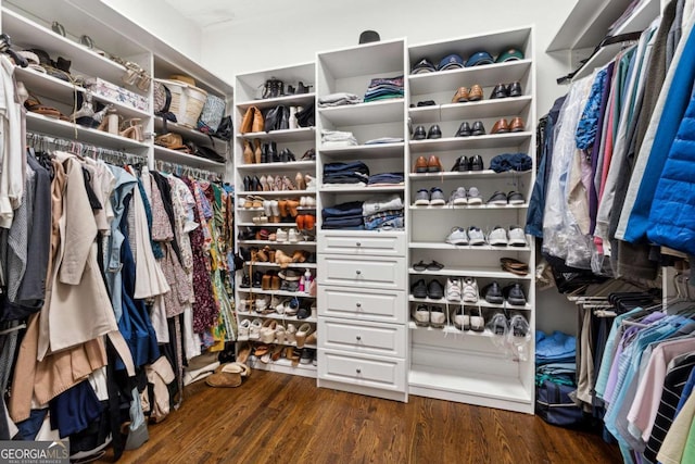 spacious closet with dark hardwood / wood-style flooring