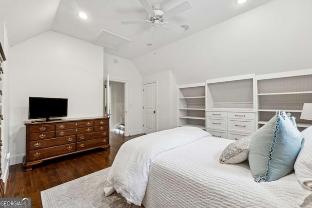 bedroom featuring lofted ceiling, dark hardwood / wood-style floors, and ceiling fan