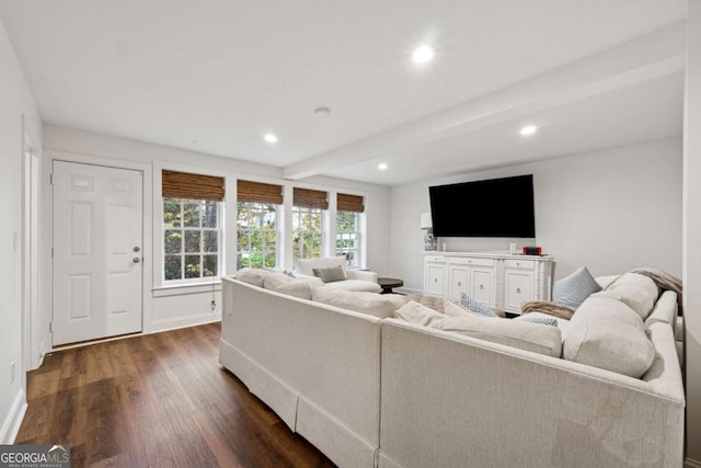 living room with dark hardwood / wood-style floors and beamed ceiling