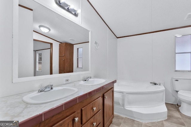 bathroom featuring lofted ceiling, vanity, a tub, toilet, and ornamental molding