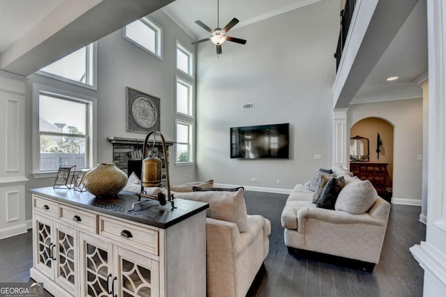 living room featuring dark wood-type flooring, a healthy amount of sunlight, a stone fireplace, and ornate columns