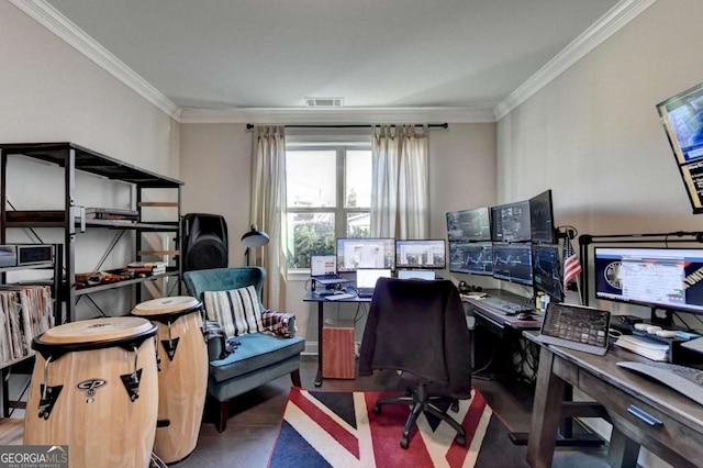 home office featuring ornamental molding