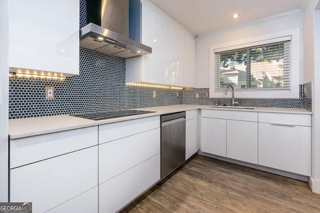 kitchen with white cabinetry, dishwasher, sink, exhaust hood, and black electric cooktop