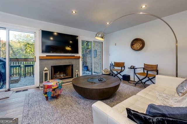 living room with light wood-type flooring and a fireplace