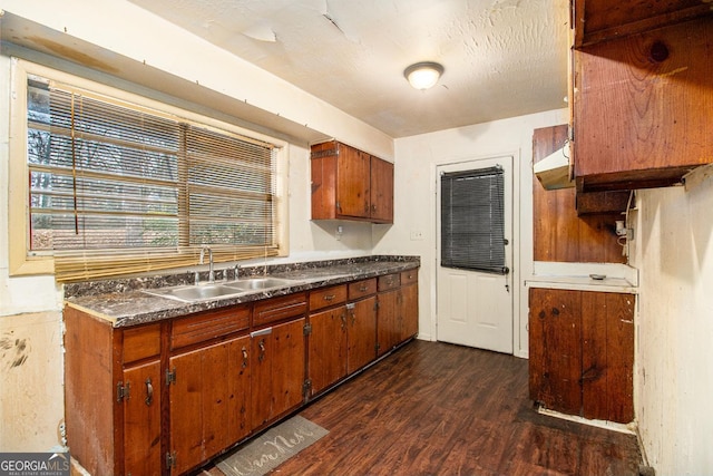 kitchen with sink, a textured ceiling, and dark hardwood / wood-style flooring