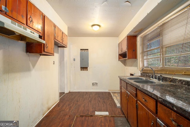 kitchen featuring sink, dark wood-type flooring, electric panel, and a textured ceiling