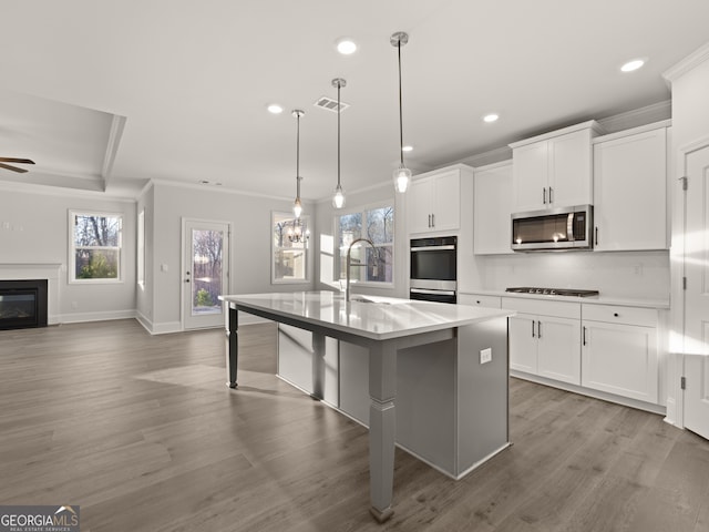 kitchen featuring appliances with stainless steel finishes, an island with sink, hanging light fixtures, and white cabinets