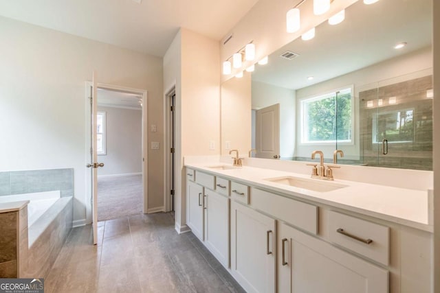 bathroom featuring vanity and plus walk in shower