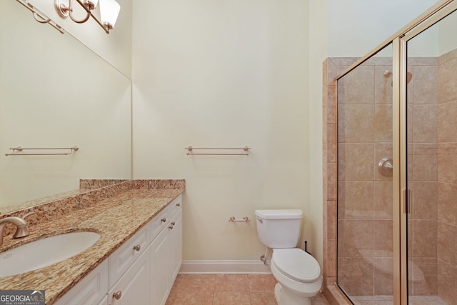 bathroom with tile patterned flooring, vanity, a shower with door, and toilet