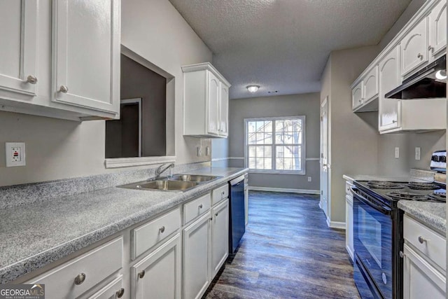 kitchen featuring a textured ceiling, white cabinets, dishwasher, sink, and black electric range