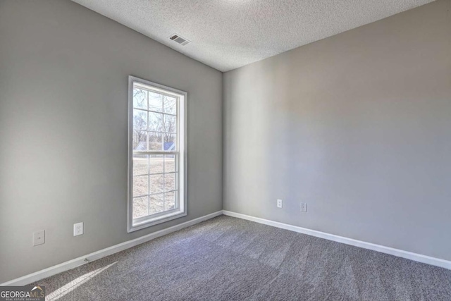 carpeted empty room featuring a textured ceiling