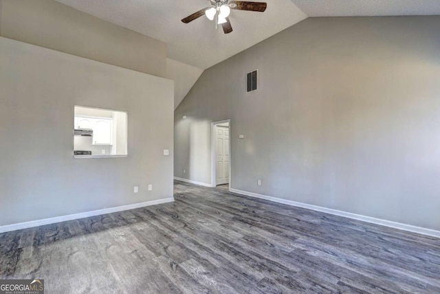 unfurnished living room with ceiling fan, hardwood / wood-style floors, and high vaulted ceiling