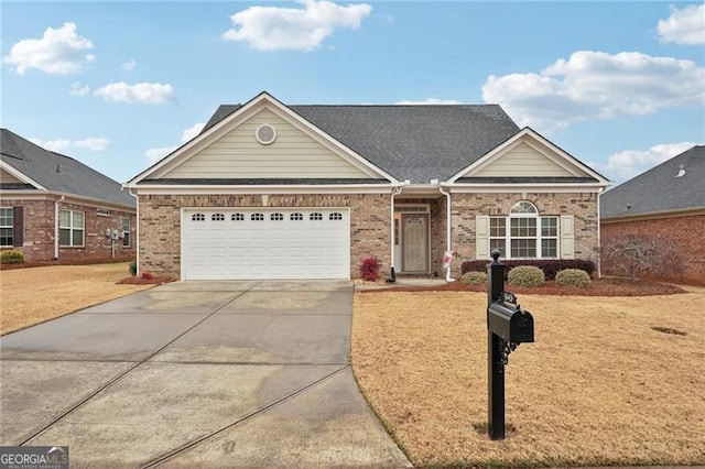 single story home featuring a garage and a front yard