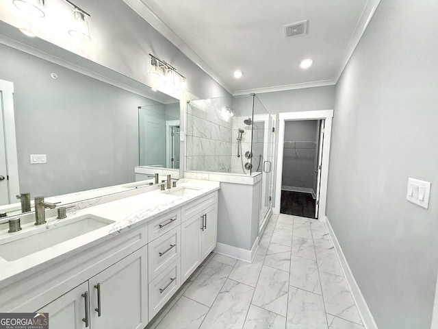 bathroom with walk in shower, ornamental molding, and vanity