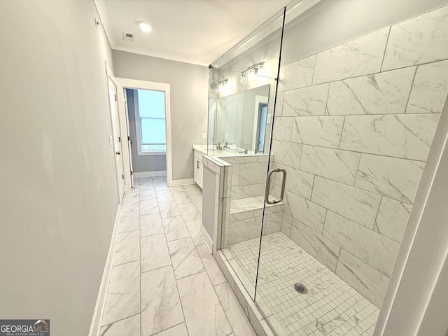 bathroom with a shower with door, crown molding, and vanity