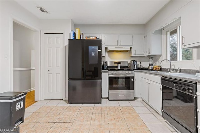 kitchen with dishwasher, white cabinetry, sink, fridge, and stainless steel range with gas stovetop