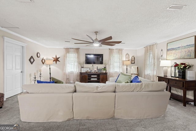 living room with ceiling fan, carpet flooring, crown molding, and a textured ceiling