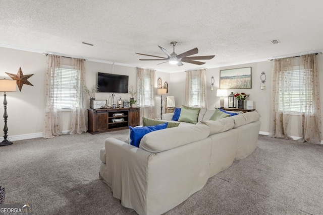 carpeted living room featuring a healthy amount of sunlight, a textured ceiling, ceiling fan, and ornamental molding