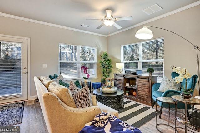 living area featuring ceiling fan, ornamental molding, and wood-type flooring