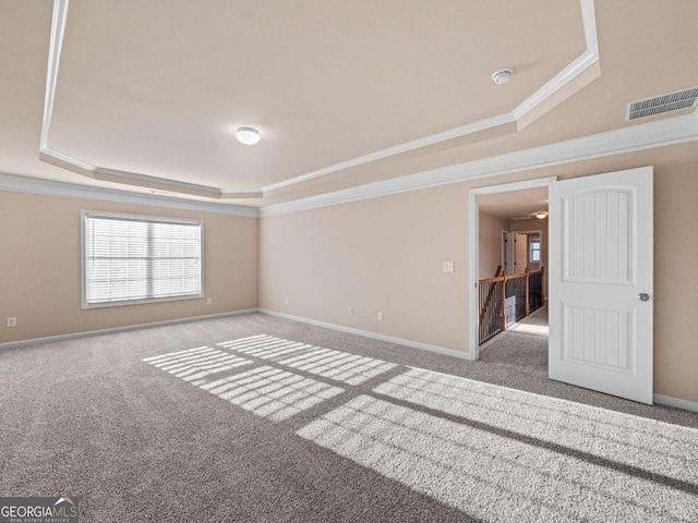 carpeted empty room with ornamental molding and a raised ceiling